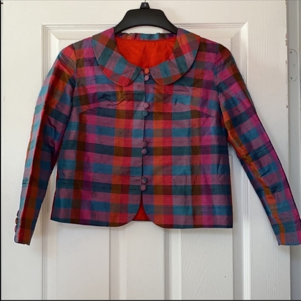VTG Silk Shantung Plaid Gingham Peterpan Blazer Jacket